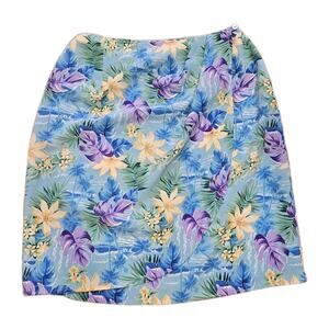 Vtg Dress Floral Wrap Skirt Women 12 Mini Blue Tropical Beach Cottage Boho Retro